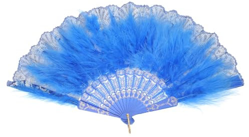 sourcing map Feather Hand Fan,Dark Blue Vintage Folding Fan Feather Fan Handheld for Halloween Party Wedding Dancing Decoration
