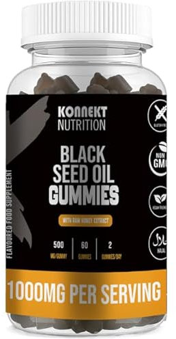 Black Seed Oil Gummies - 60 Vegan Gummies - Supports Skin and Hair, Immune System, Metabolism, Joints & Wellness - Strawberry Flavour