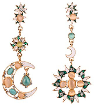 QKEPCY Sonne Mond Ohrringe Damen - Boho Hängende Gold Opal Tropfen Baumeln Asymmetrische Mondstein Schmuck - Mond Stern Geschenk für Frauen Mädchen