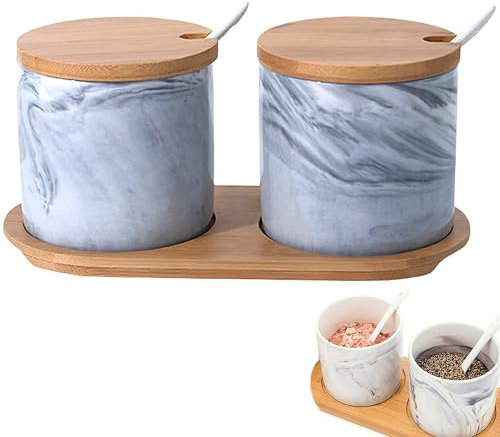 2 Piezas Salero, Tarros Especias Cerámica, Azucarero, Azucarero Cerámica, Tarros Redondos para Especias, Azucarero de Diseño de Mármol, con Tapa, Cuchara y Soporte de Madera, para Guardar Especias