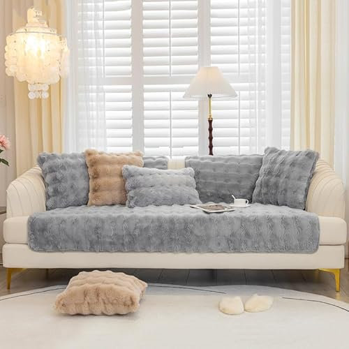 MINGPINHUIUS Sofabezug L Form 1/2/3/4 Sitzer Sofa Überzug für L Form Sofa Couch Sessel Ecksofas,Weicher Kaninchen Plüsch Sofabezug rutschfest Sofa Überwurf (Hellgrau,90 x 210 cm)