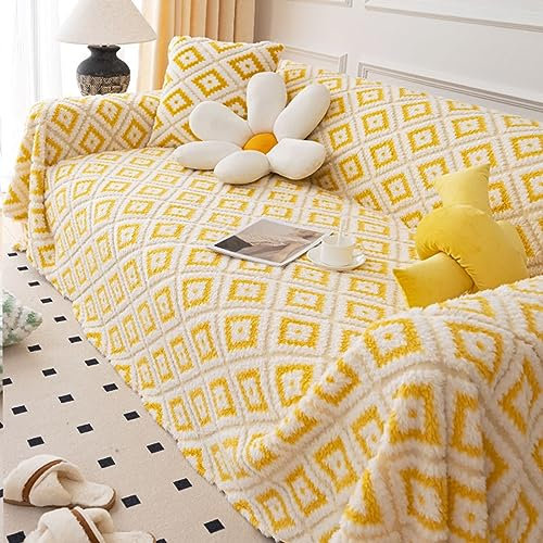 KnSam Home Couchbezug, Gitter Sofa Überzug Zweisitzer, rutschfeste Sofahusse Plüsch Anti-Rutsch-Couch (180x340CM, Gelb)