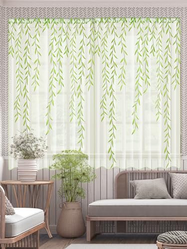 Breling Willow Voile Curtains Cute Green Sheers Leaf Tulle Vine Window Sheers Ivy Pretty Curtain for Living Room Bedroom Window Door Balcony(2 Pieces,39.4 x 63 Inch)