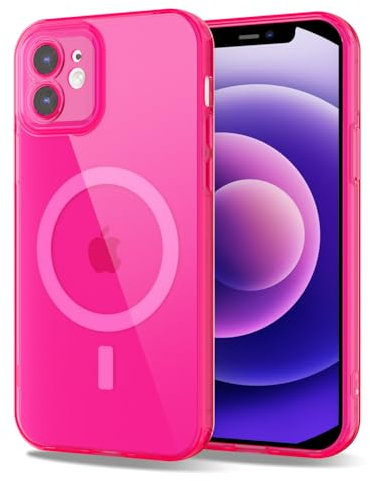Svanove for iPhone 12 Mini Case Clear Compatible with Magsafe, Fluorescent Transparent Magnetic Magnet Mag Case, Slim Thin Bright Silicone Grip & Shockproof Bumper Camera Cover, Neon Hot Pink