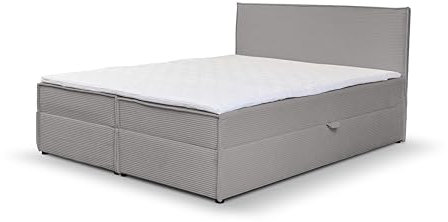 VENASI MÖBEL Gloria Boxspringbett mit Bettkästen H2/H3 Matratze und Topper Cord-Stoff (Grau, 180 x 200 cm)
