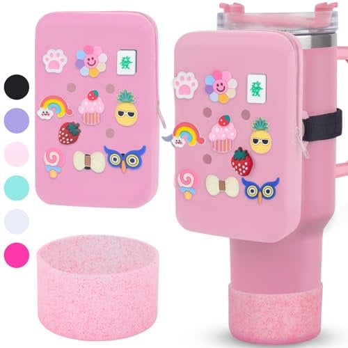 Silicone Water Bottle Pouch for Stanley Cup,Compatible with Stanley Cup Water Bottle Tumbler Pouch Purse Wallet Accessories 10PCS Charms & Boot (Pink)