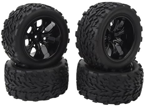 HELEVIA 4 Stück RC Off Road Reifen 12 Mm Sechskant Schwarz Universal 7 Löcher RC Gummireifen mit Naben Ersatz 1/10 RC Off Road Auto