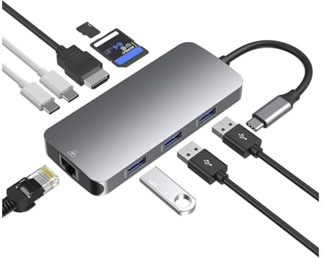 USB C Hub Ethernet, USB C Hub Multiport Adapter, 9 in 1 USB C Dock with HDMI 4K, 100W PD, Gigabit RJ45, SD/TF Card Reader, USB A&C 3.0, USB C Dongle Docking Station for MacBook, Dell, Lenovo, HP