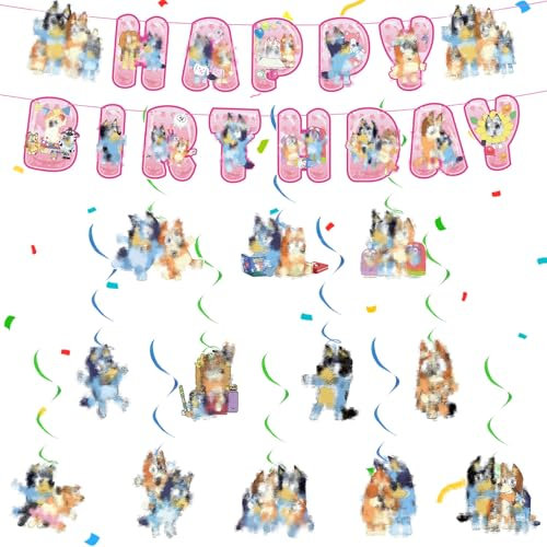 Geburtstagsparty Deko,14Pcs Pink Dog Geburtstag Banner Swirl Decorations Geburtstagsdeko, Bunting Girlande Hängende Deko Happy Birthday Banner Dekoration für Kinder thema Geburtstag Party Deko