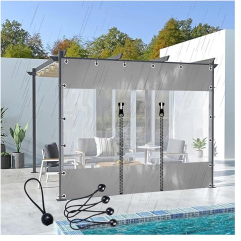 Rideau latéral en plastique PVC transparent avec œillets pour terrasse, tente, panneau de bâche transparent pour pergola, brise-vue (gris, 1 x 1,8 m)