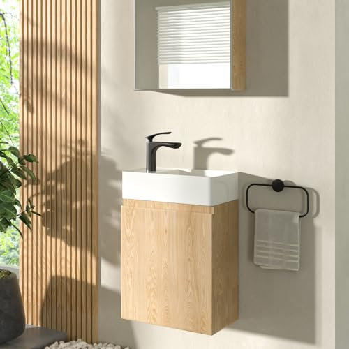 CASAMO Gäste WC Waschbecken mit Unterschrank Premium Waschtisch Set Badmöbel (für Linke Hand, Eiche)