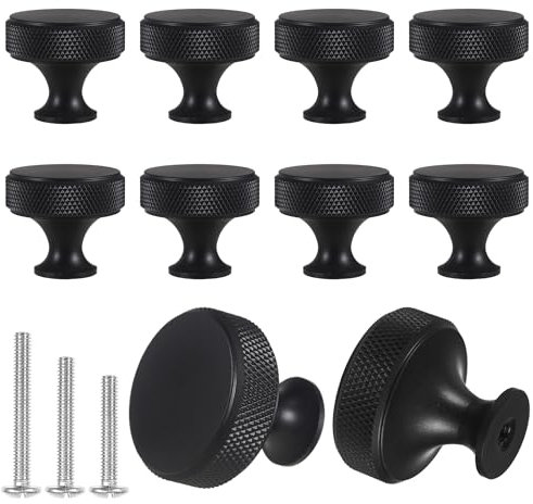 10 Pack Black Cabinet Knobs Drawer Cupboard Kitchen Knobs Round Solid Knurled Cupboard Handles with 30 Screws for Cabinet Furniture Dresser Wardrobe Pulls (Black)
