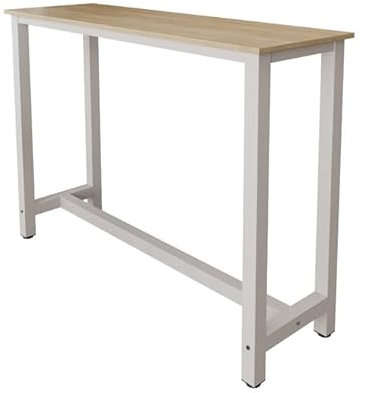 MB Muebles Bonitos, Mesa Alta Bar Ani con Patas de Metal, Barra Cocina de Estilo Minimalista, Melamina Mate, Blanco y Sonoma, 140x100x40 cm