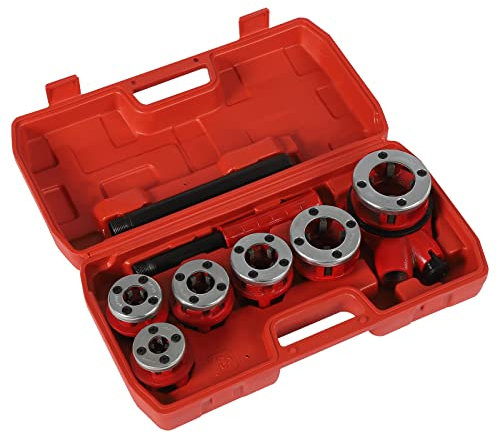 Gewindeschneidkluppe Manueller Schneidkluppensatz Tool, Ratchet Pipe Threader Kit mit 6 Matrizen- 1/4, 3/8, 1/2, 3/4, 1, 1-1/4 und Aufbewahrungskoffer, Tragbarer Rohrschneider Set