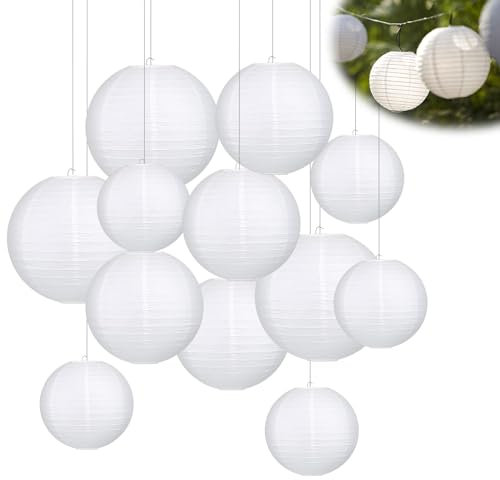 GothicBride 12 Stück Papierlampions Weiß, Classic Gerippter Lampenschirm Wiederverwendbar Papierlaternen Hängende Runde Papierlaternen für Garten Hochzeit Tauffeier Deko (Ø 15cm/20cm/25cm)