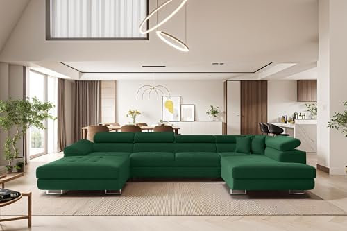 Kaiser Möbel - Ecksofa mit Schlaffunktion - Wohnlandschaft U Form - Big Sofa 345 x 202 cm - Relaxsofa, 6 Verstellbaren Kopfstützen, 2 x Bettkasten - Eckcouch Groß, XXL - Falio U II Rechts Dunkelgrün
