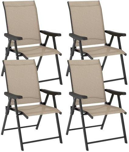 Outsunny Garden Dining Chairs Set of 4, Folding Garden Chairs with All Weather Texteline Back and Seat, Outdoor Dining Chair with Armrests, Steel Frame for Terrace Balcony, Brown