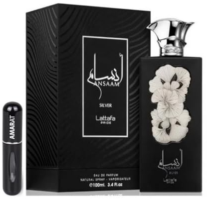 Ansaam Gold Eau de Parfum, 100 ml, arabischer Duft, Unisex, lange Lebensdauer, inkl. nachfüllbarem Zerstäuber, 5 ml, blumiger Duft mit Noten von Bergamotte, Jasmin und Bernstein (Silber)