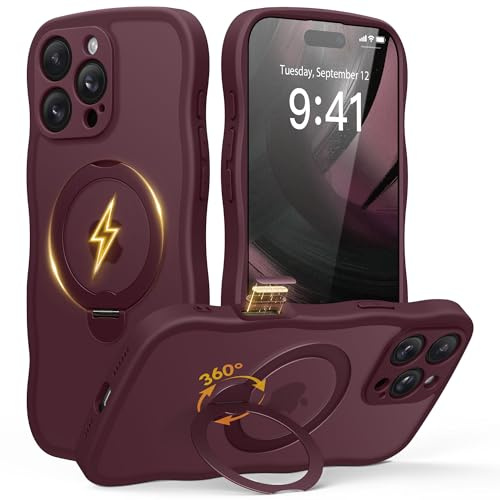 GOLBINBOX Magnetic for iPhone 16 Pro Case with 360° Stand for Women | [Compatible with Magsafe][Cute Wave Edge][Military-Grade Protection]Translucent Matte Case for iphone 16 Pro,Burgundy Red