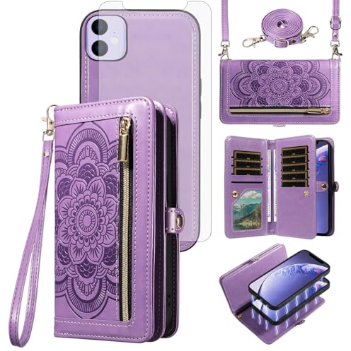 Asuwish Phone Case for iPhone 11 6.1 Zipper Wallet Magnetic Cell Cover with Tempered Glass Screen Protector Crossbody Strap Flower Card Holder iphone11case iPhone11 i Phone11 11s XI 11R Women Purple