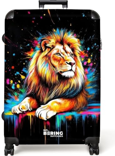 NoBoringSuitcases© Koffer XL Groß Reisekoffer mit 4 Rollen Leicht Trolley | 77x51.5x28 cm - Hartschalenkoffer Suitcase Large Löwe - Farben - Graffiti - Neon