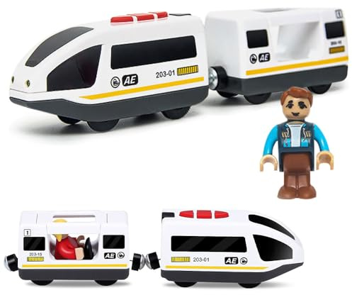 PLLYPE Elektrische Eisenbahn holzschienen, Eisenbahns elektrische lok Holzeisenbahn Zug, Batteriebetriebener Zug Magnetanschluss, kompatibel mit Thomas, Brio, Spielzeugauto für Junge Mädchen, Weiß