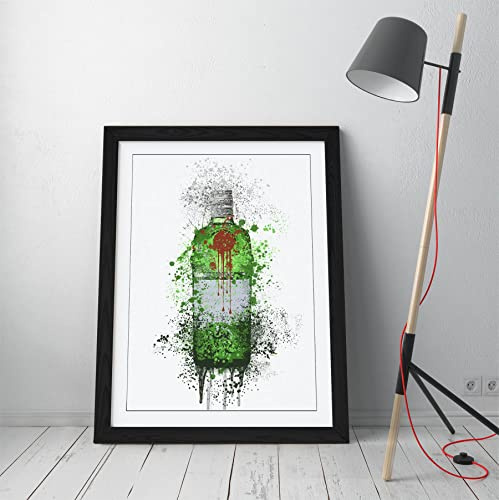 Gin Bottle Splash Art Tanguery Decor Framed Wall Art Picture Print - A4 - Black Frame
