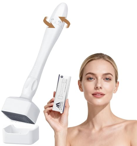 Flintronic Microneedling Viso, 0-3mm Derma Roller, Regolabile Dermastamp, con 140 Aghi in Titanio, Trattamento Pelle Liscia a Casa, per Pelle, Capelli, Rughe, Smagliature (Bianco)