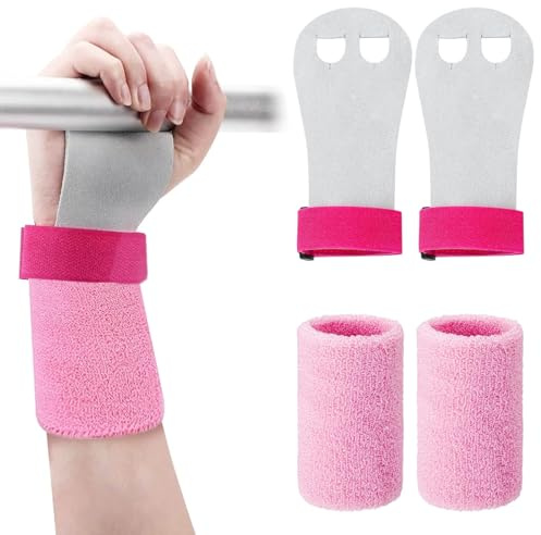 4Pcs Gymnastics Hand Grips Wristbands Sets,Sports Gymnastics Grips with Pink Sweatbands,Kids Bar Grips Palm Protection Wrist Support for Girls Youth Equipment Hand Grip for Kids Workout&Exercise