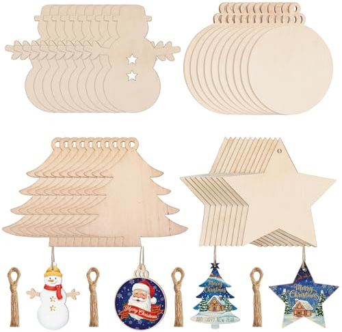 40 Pcs Christmas Crafts Wooden Christmas Decorations Set, Christmas Tree Ornaments with 40 Strings, DIY Wooden CHristmas Tree Decorations for Adults, WOODEN Stars and More