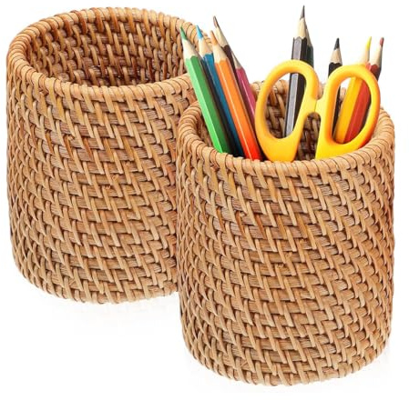 Alide 2Pcs Rattan Pencil Pots Handmade Pen Holder Desktop Makeup Brush Stationery Storage Rack 10x8cm