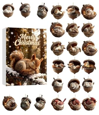 Waldtiere Eichels Ornaments Adventskalender 2025 | 24 Tage 2D Flache Tier Eichels Anhänger Dekoration | Für Weihnachtsbaum Fenster Wand Und Tür Für Familie Erwachsene Und Kinder