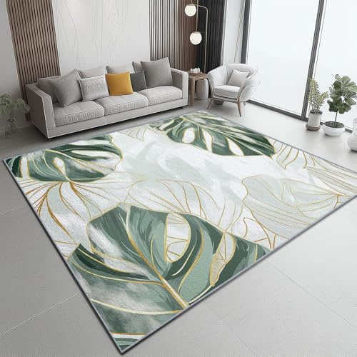 Low Pile Area Rugs Style 160 x 230 cm, Soft and Non-Slip Living Room Carpet - Luxury Art Deco Monstera Deliciosa Printed Rug Suitable for Bedroom Office White