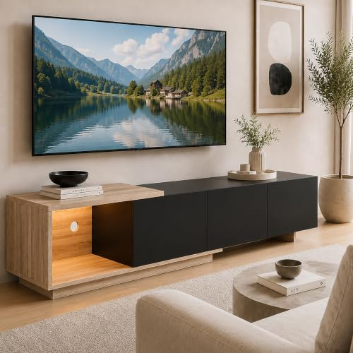 Mobile TV Camera da Letto con LED, Mobile Moderno TV Soggiorno, Lunghezza con 3 Cassetti e Spazio Aperto, 163-240 cm, Mobile Basso per TV Applicabile a Televisori Fino a 65 Pollici, 240x38x44, Nero