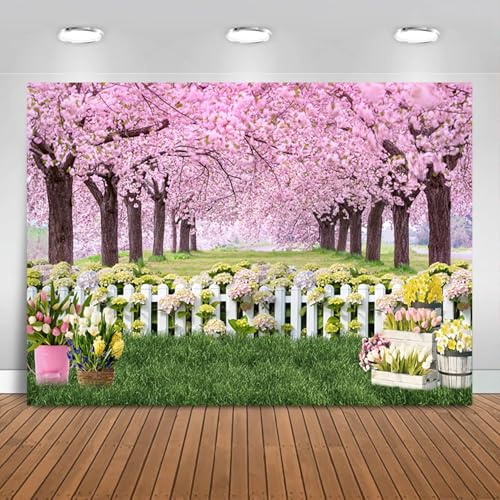 Hnmdmyi 10x8FT Spring Backdrop Pink Cherry Blossom Trees Flowers Green Grass Nature Scenery Photography Background Wedding Bridal Baby Shower Birthday Party Decorations Banner Photo Booth Props