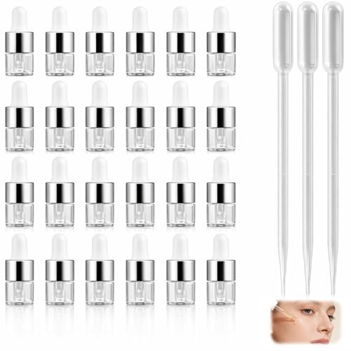 JinRuiCPeng 30 Stück 1ml Mini Pipettenflasche, aus Glas, kleine Probenflaschen mit Tropfpipette, dichte Glas Tropfflaschen für ätherische Öle, Aromatherapie, Duftöl, Kosmetik Proben