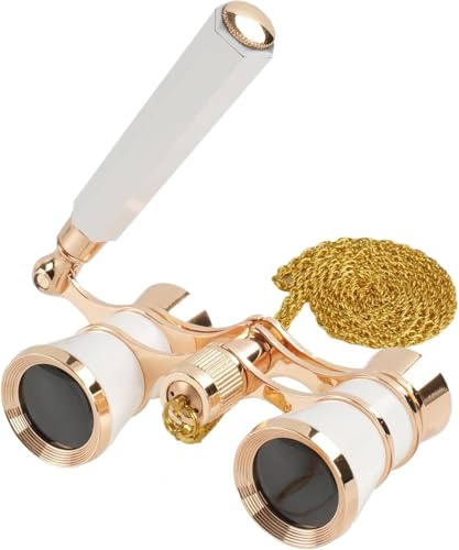 Operatglas, klassiskt fällbart operaglas 3 x 25 förstoring, elegant teaterglas för kvinnor, elegant teaterglas för kvinnor och flickor med metallkedja och väska, bärbar för konsert (vit)