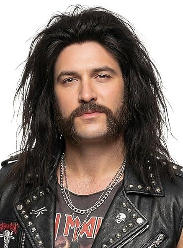 Maskworld Lemmy Rockstar Bartset - professionelle Bart-Kombination - Oberlippen-Backenbart mit Echthaaranteil inkl. Hautkleber - schwarz