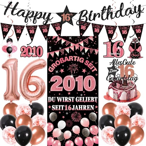 16 Geburtstag Mädchen Deko Banner - 28 Pcs Roségold Schwarz Geburtstagsdeko | Happy Birthday Du Wirst Geliebt Seit 16 Jahren Banner Folienballons Girlanden Tortenaufsatz für Sweet Sixteen Party Supplies
