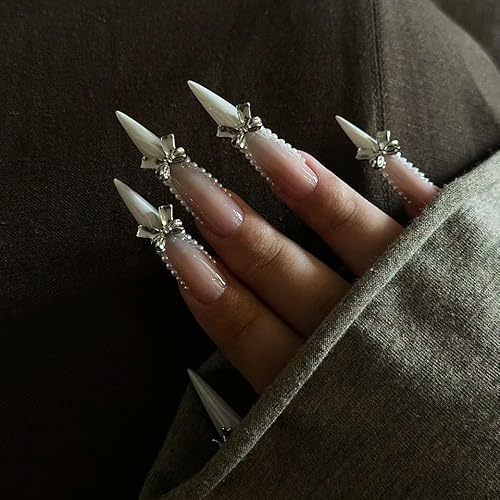 24pcs Long Stiletto False Nails French Tip Press on Nails 3D Bow Design | White Edge Nude Pink, 3D Silver Bow Pearl Design, Stick on Nail Tips, Removable Glue-on Fake Nails, Y2K Accessories for Women