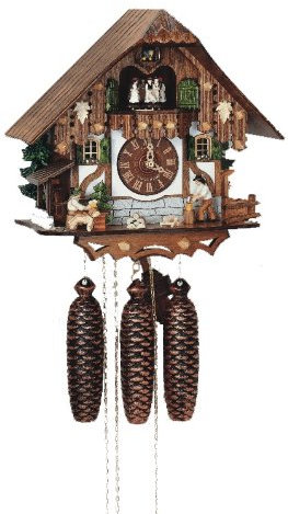 Anton Schneider Kuckucksuhr Schwarzwaldhaus mit beweglichem Holzhacker, Biertrinker und Mühlrad