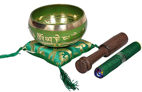 Tibetan Singing Bowl Set By Dharma Store - With Traditional Design Tibetan Buddhist Prayer Flag - Handmade in Nepal (Green)