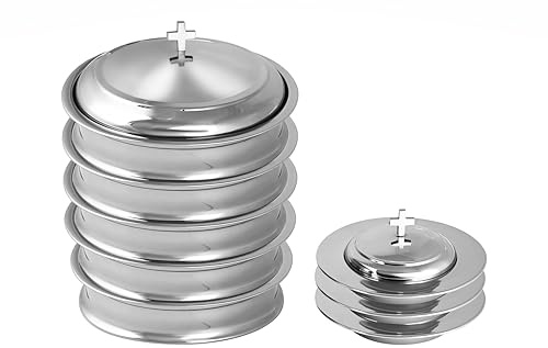 Communion Ware 5 Holy Wine Serving Trays with A Cover & 3 Stacking Bread Plates with A Cover - Stainless Steel (Mirror/Silver)