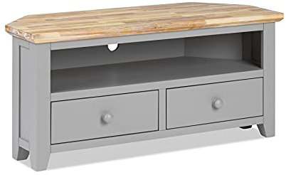 Florence Dove Grey TV corner cabinet. Sturdy corner TV unit with drawers and cabel access