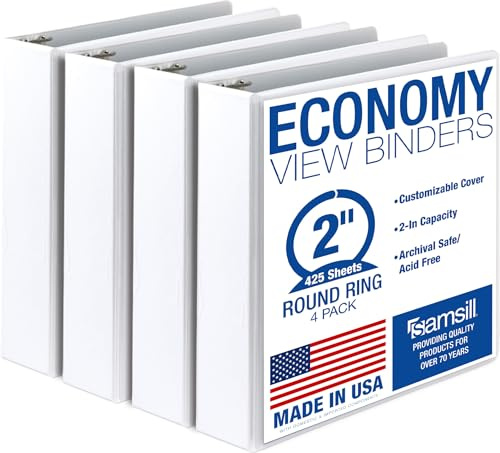 Samsill 2 Inch 3 Ring Binders, Made in USA, Economy Round Ring, Clear View Cover, 425 Sheet Capacity - for School, Home, Office - White, 4 Pack