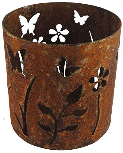 Windlicht Kerzenhalter Groß Rost Edelrost Metall - Motiv Blumenwiese - Gartendeko