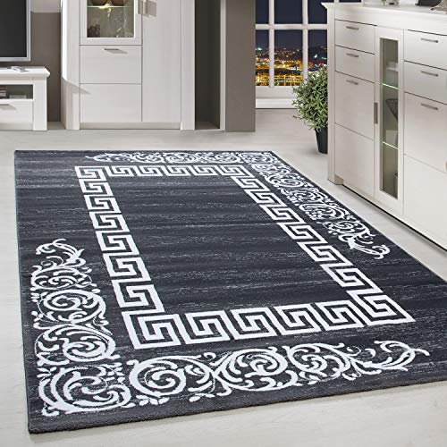 HomebyHome Teppich Wohnzimmer 80x150 cm Läufer Grau und Weiss Greek Bordüre Design - Schlafzimmer Teppich Kurzflor Extra Weich Pflegeleicht Teppiche Waschbar Küche Esszimmer - Carpet Living Room