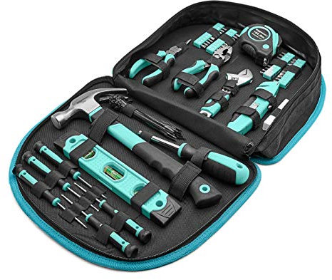Amazon Basics Tool Set With Easy Carrying Round Pouch, 104-Piece, Turquoise, 36.57 x 28.95 x 7.62 cm