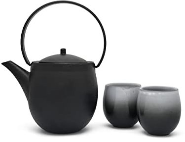 Bredemeijer Schwarze gusseiserne Asia Teekanne 1.2 Liter inkl. 2 Porzellan Teebecher - zur Aufbereitung von losem Tee