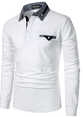 APAELEA Mens Polo Shirts Long Sleeve Cotton Casual Tops with Chest Fake Pocket Decoration,White,S